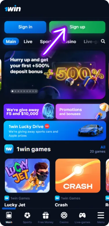 1Win Click Register Button