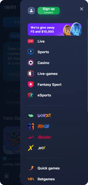 1Win site menu