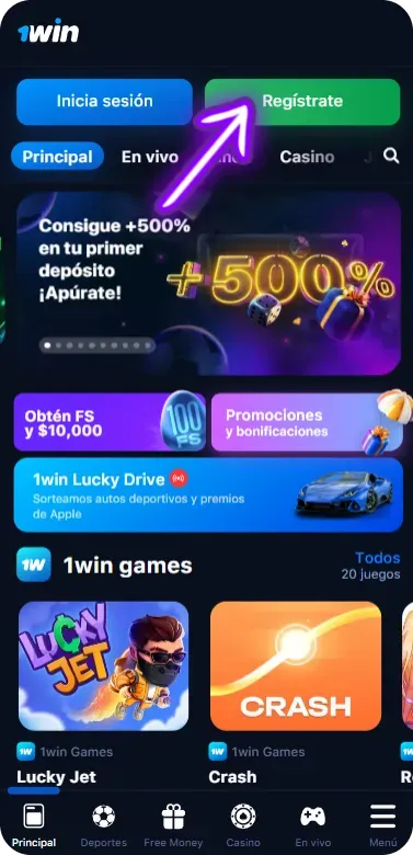 Botón de registro en el sitio web de 1Win