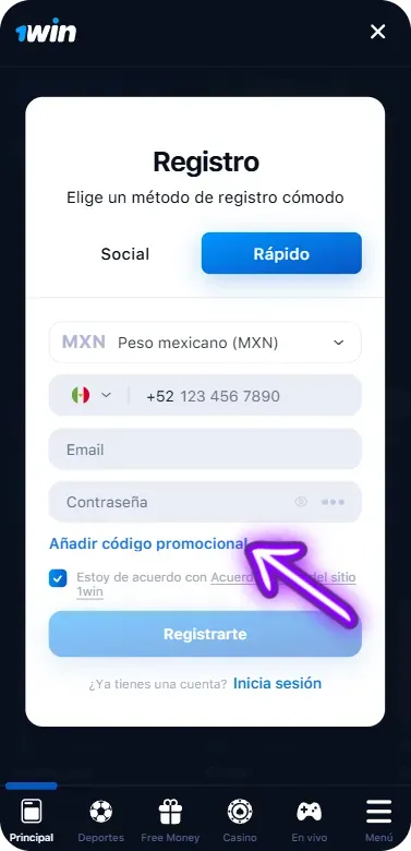 Introducir el código promocional 1win en la etapa de registro en el sitio
