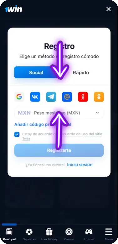 Iniciar sesión en 1win a través de las redes sociales