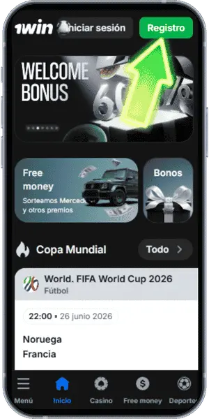 Botón de registro en el sitio web de 1Win