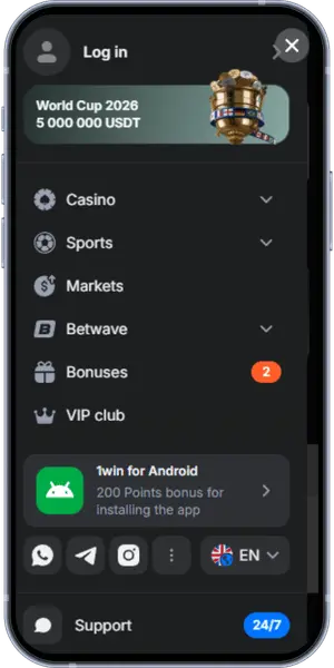 1Win site menu