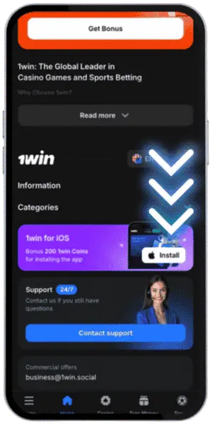 Find Install Button on 1Win Website